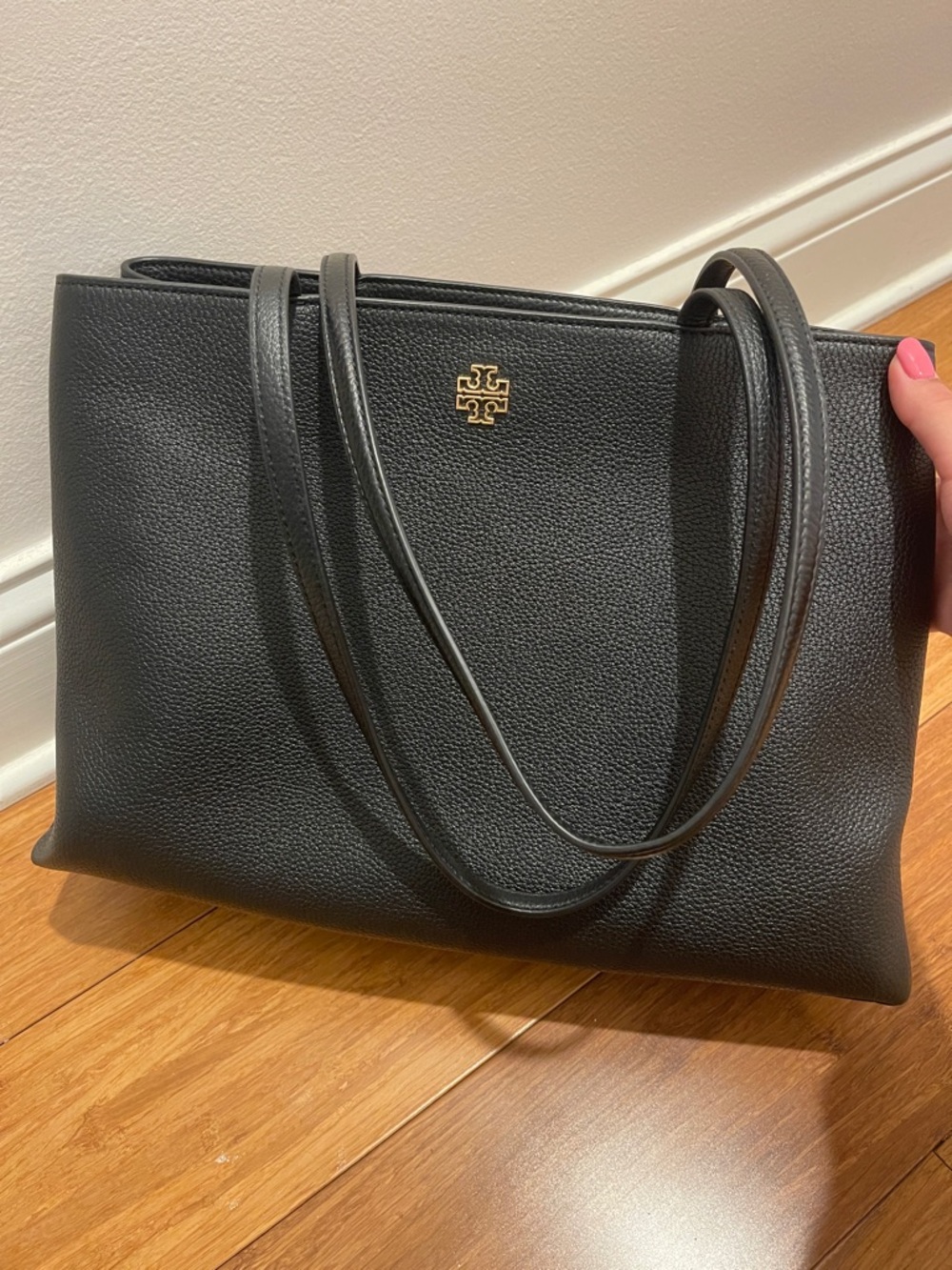 Tory Burch Black Pebbled Leather Shoulder Tote with Gold Logo